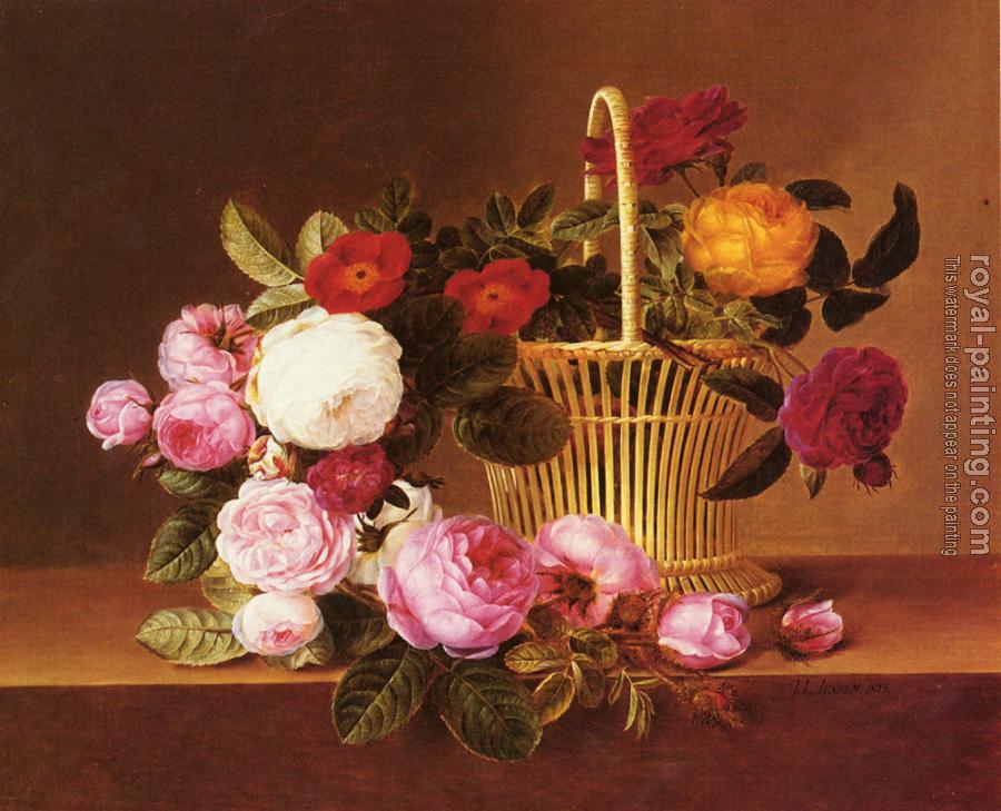 Johan Laurentz Jensen : A Basket Of Roses On A Ledge